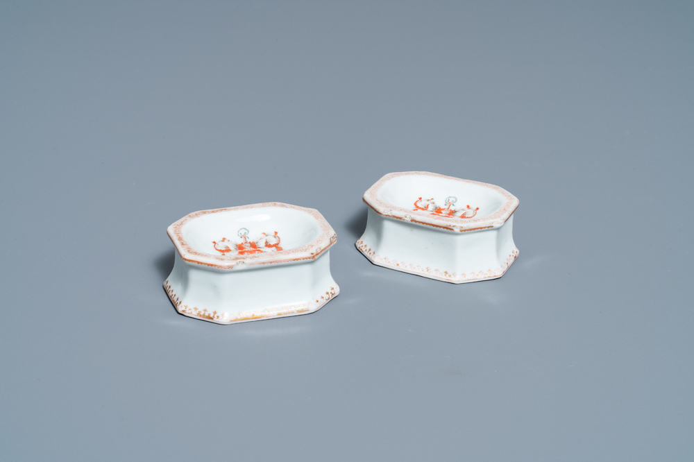 A pair of Chinese Scottish market Ross of Balnagowan armorial salt cellars, Qianlong