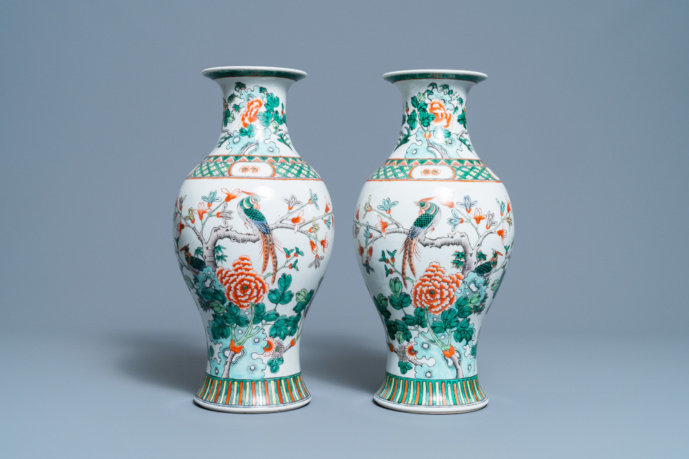 A pair of Chinese famille verte vases with birds among blossoming branches, Republic