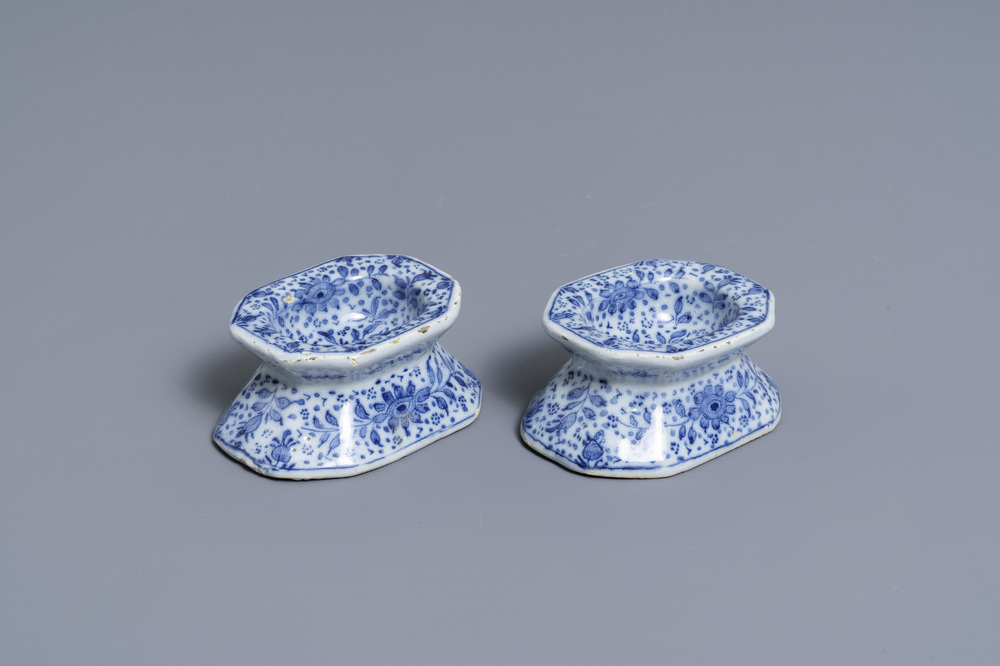 A pair of Dutch Delft blue and white salt cellars, 18th C.