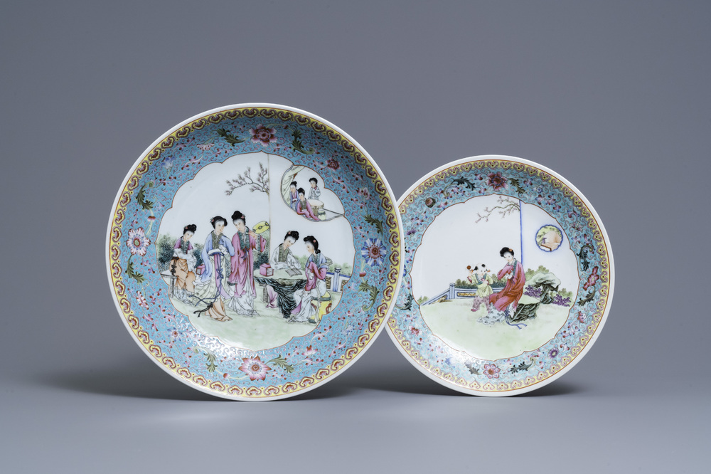 Two Chinese famille rose dishes with ladies in a garden, Qianlong mark, Republic