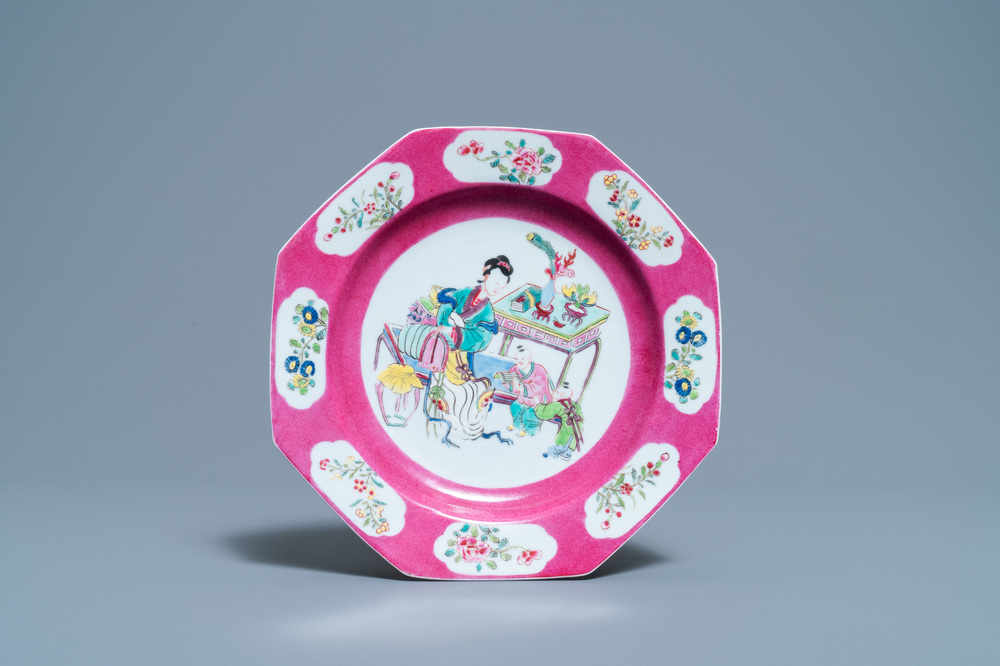 A Chinese octagonal famille rose 'ruby border' plate, Yongzheng