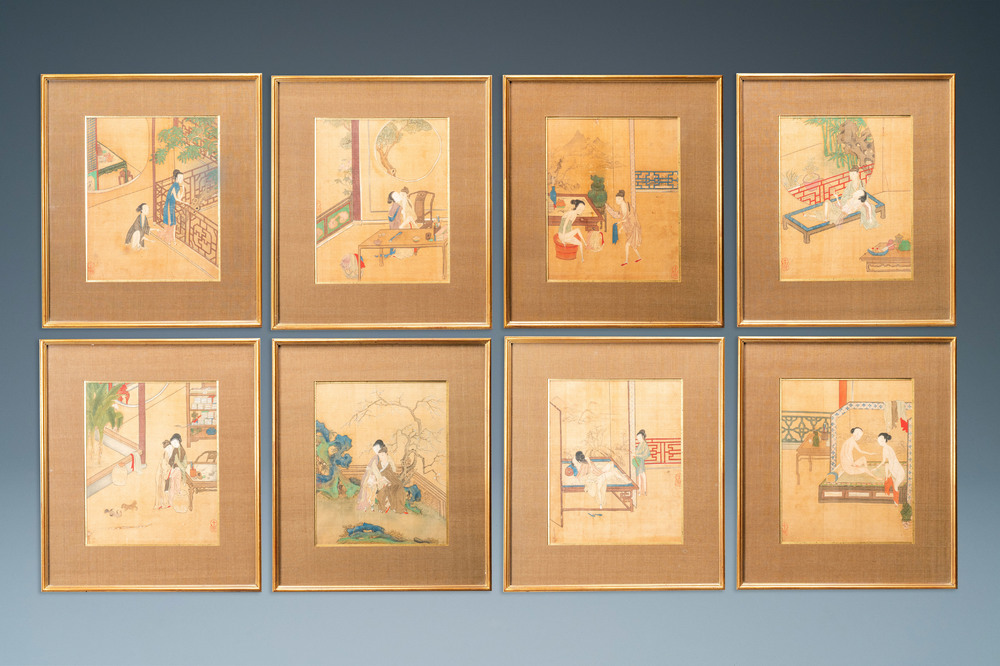 Chinese school, ink and color on silk: Eight erotic and romantic scenes, 18/19th C.