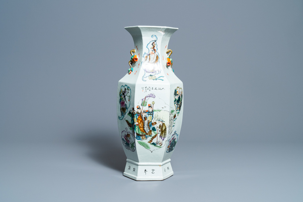 A Chinese hexagonal qianjiang cai vase, 19th C.