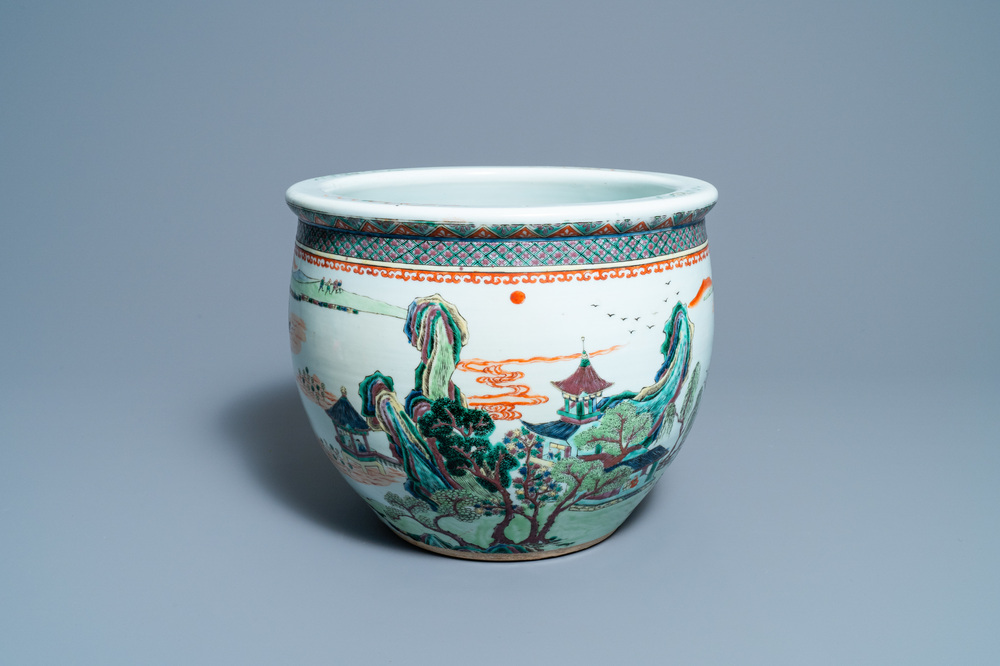 A Chinese famille verte fishbowl, 19th C.