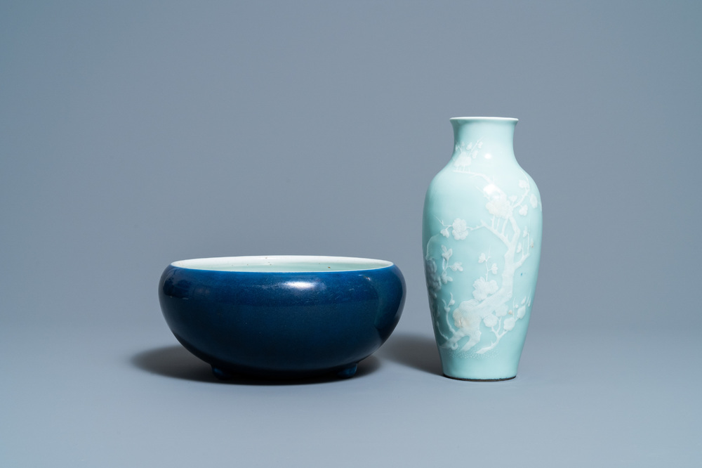 A Chinese monochrome blue censer and a white slip-decorated celadon vase, 18/19th C.