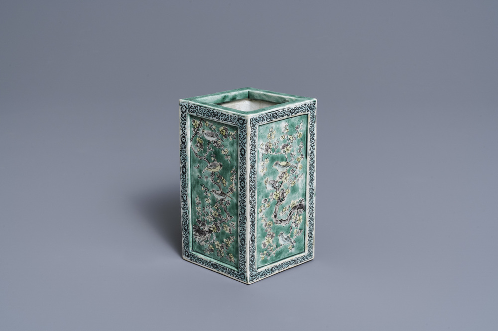 A square Chinese verte biscuit brush pot, Kangxi