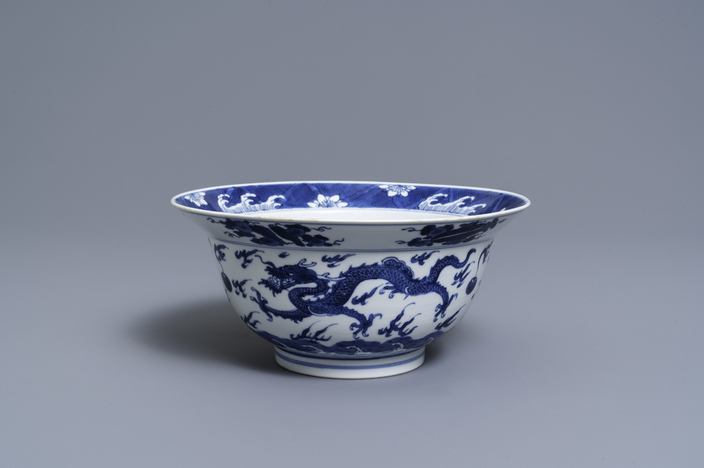 A Chinese blue and white 'dragon' bowl, Kangxi