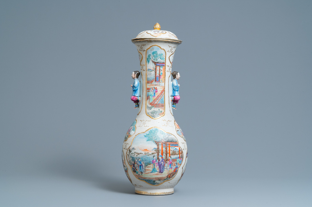 A Chinese famille rose 'Mandarin' vase and cover, Qianlong