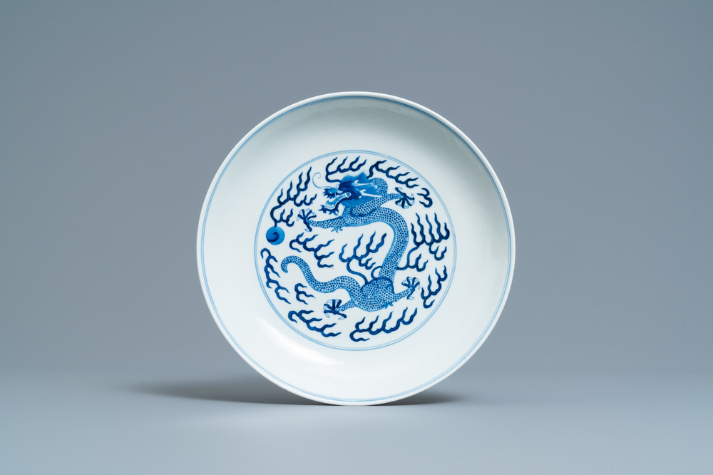 A Chinese blue and white 'dragon' dish, Tongzhi mark and of the period