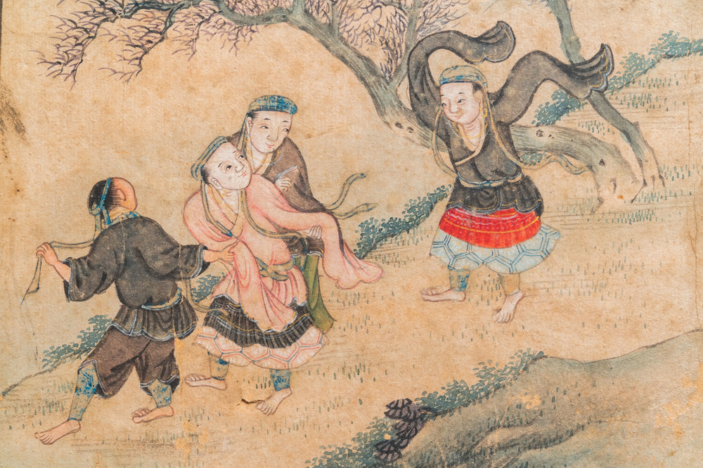 Chinese school, inkt en kleur op papier: Vijf sc&egrave;nes met jongens, 18/19e eeuw