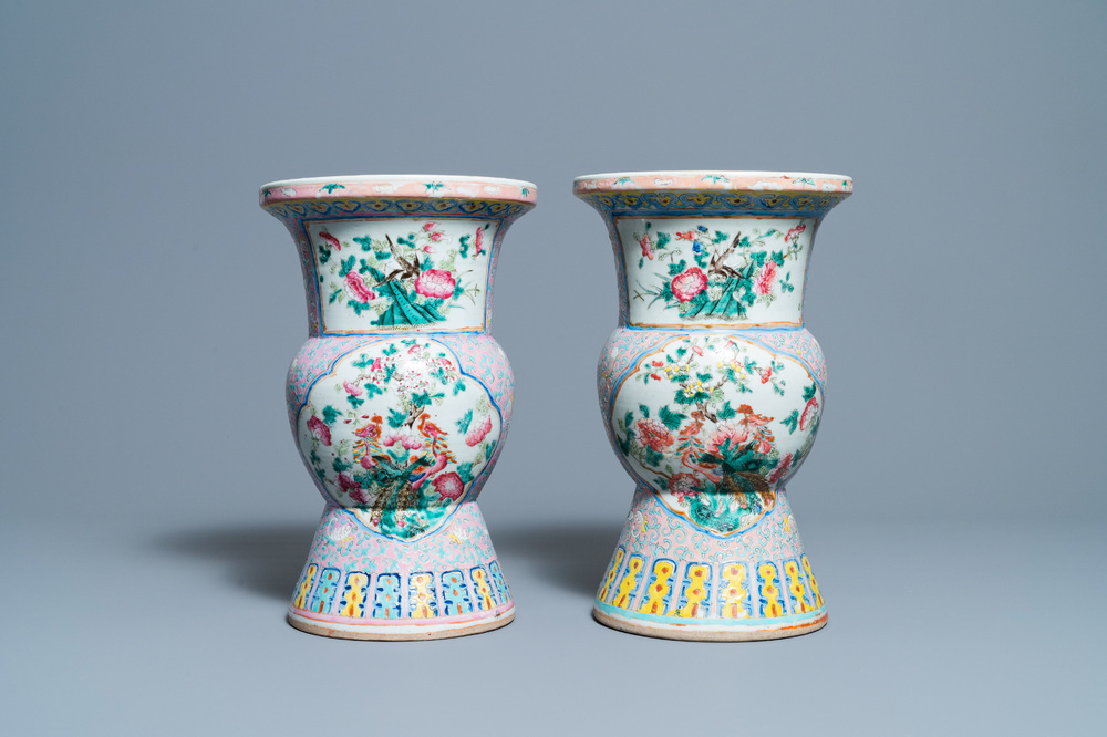 A pair of Chinese famille rose spittoons for the Straits or Peranakan market, 19th C.