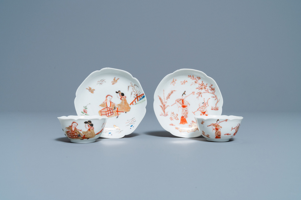 Two Chinese iron-red and gilt cups and saucers, Yongzheng