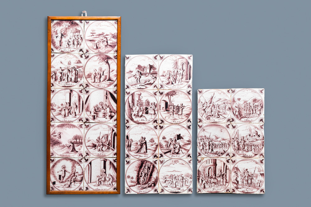 24 mangane Delftse tegels met bijbelse voorstellingen, 18e eeuw