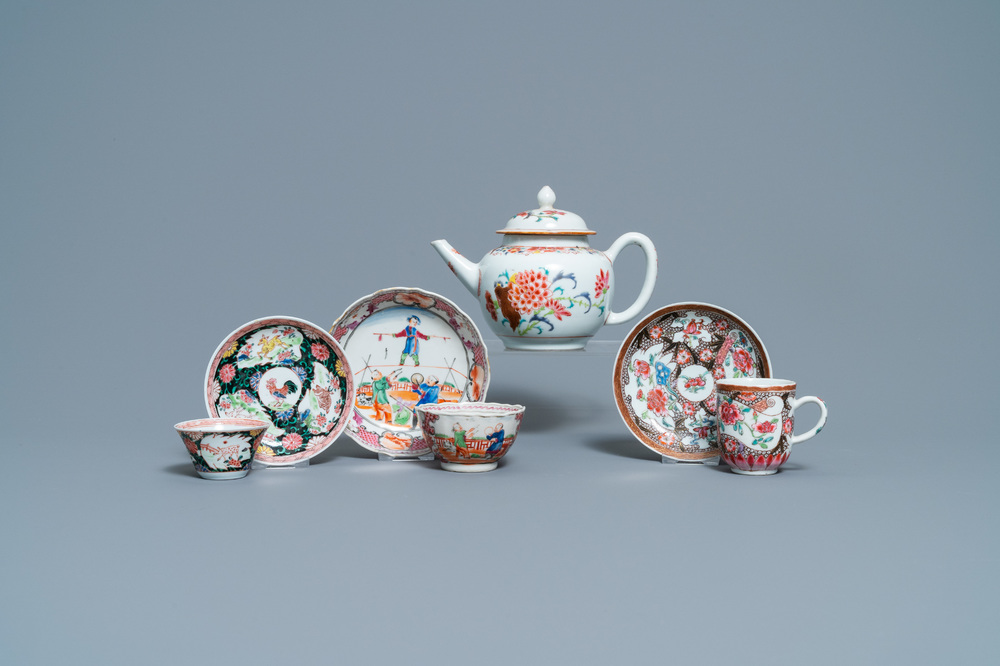 A Chinese famille rose teapot and three cups and saucers, Yongzheng/Qianlong