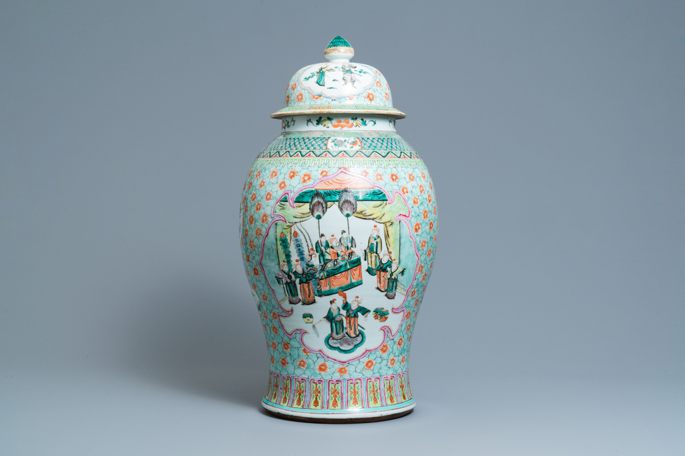 A large Chinese famille verte vase and cover, 19th C.