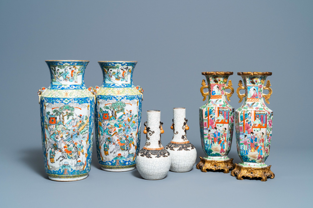 Three pairs of Chinese famille rose, verte and crackle-glazed vases, 19th C.