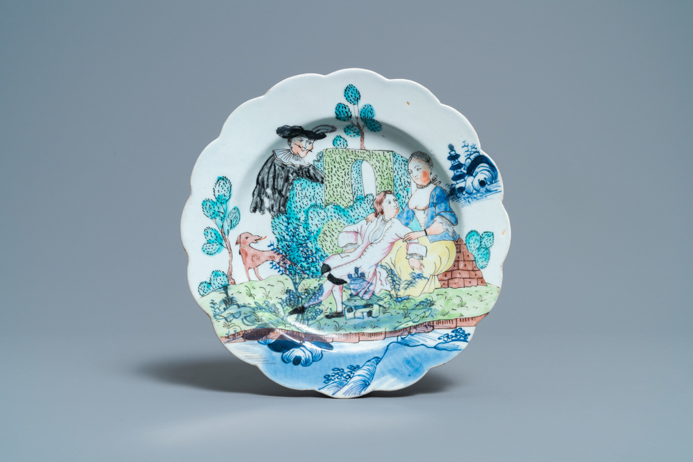 Een Chinees in Nederland beschilderd blauw-wit bord met een romantische voorstelling, Qianlong
