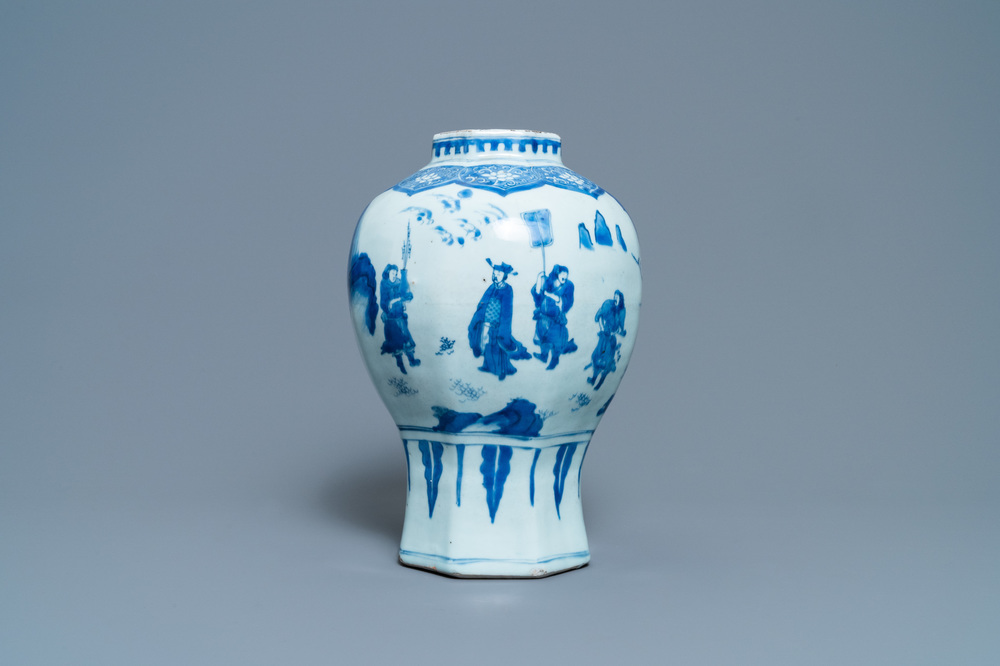 A Chinese blue and white vase with figures in a landscape, Transitional period