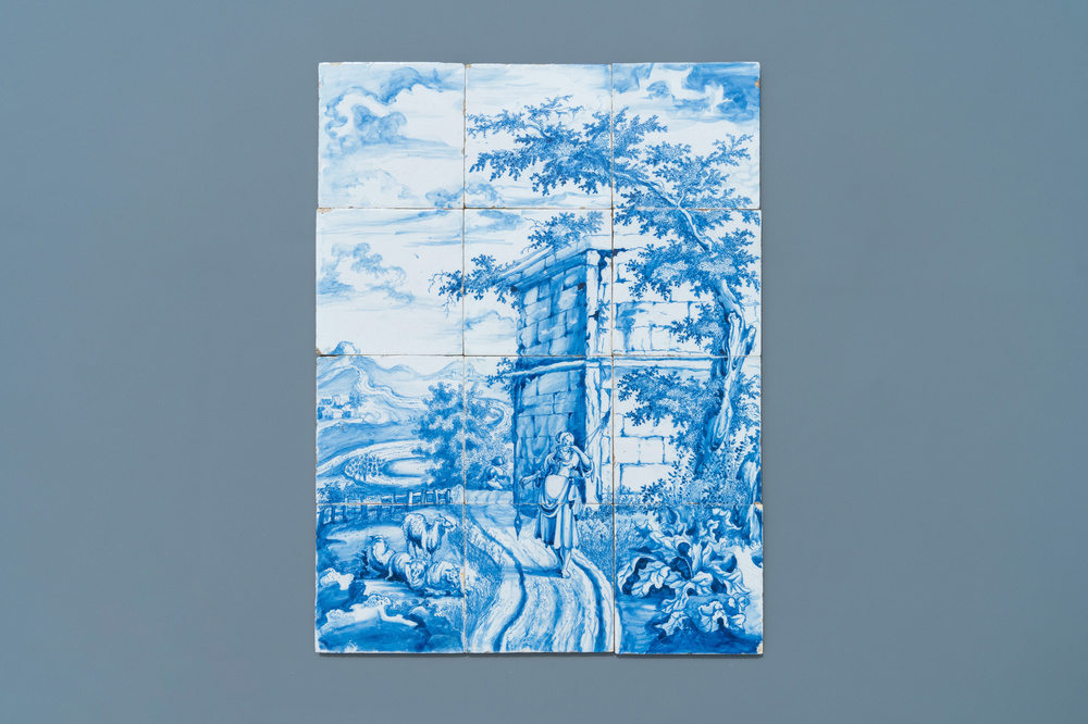 A very fine Dutch Delft blue and white tile mural with a shepherdess, 18th C.