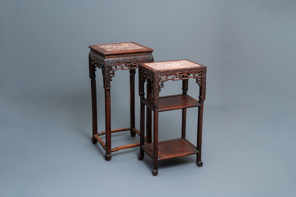 Two Chinese hongmu wooden stands with marble tops, 19th C.
