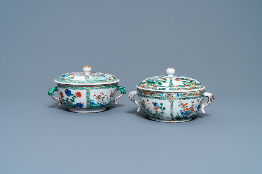 Two Chinese famille verte porringer bowls and covers, Kangxi