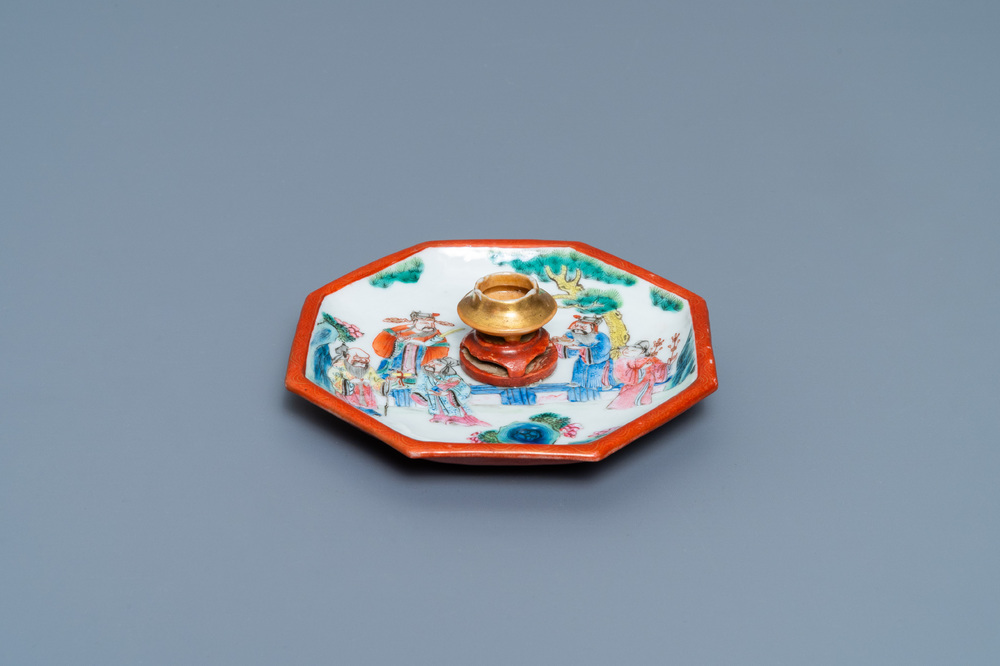 A Chinese octagonal famille rose incense stand with a miniature censer, 19th C.