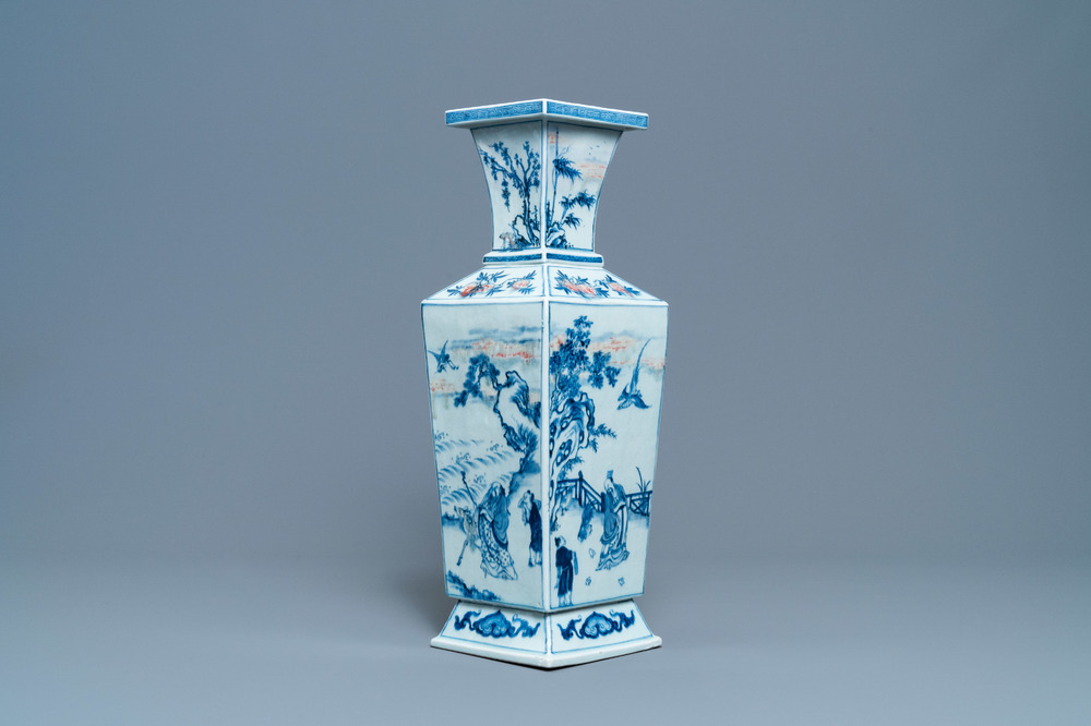 A Chinese square-sectioned blue, white and copper-red vase, Kangxi