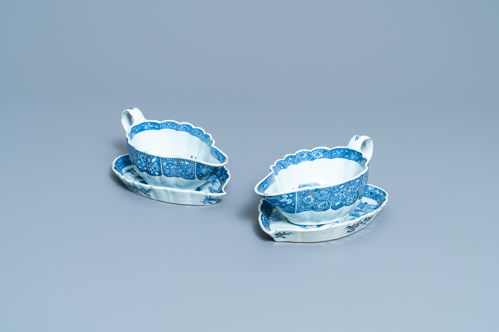 A pair of Chinese blue and white 'Xi Xiang Ji' sauceboats on stand, Qianlong