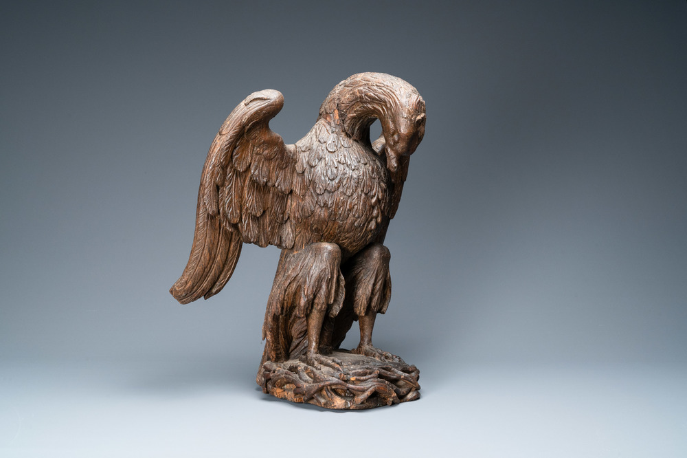 An oak model of a pelican, 17th C.