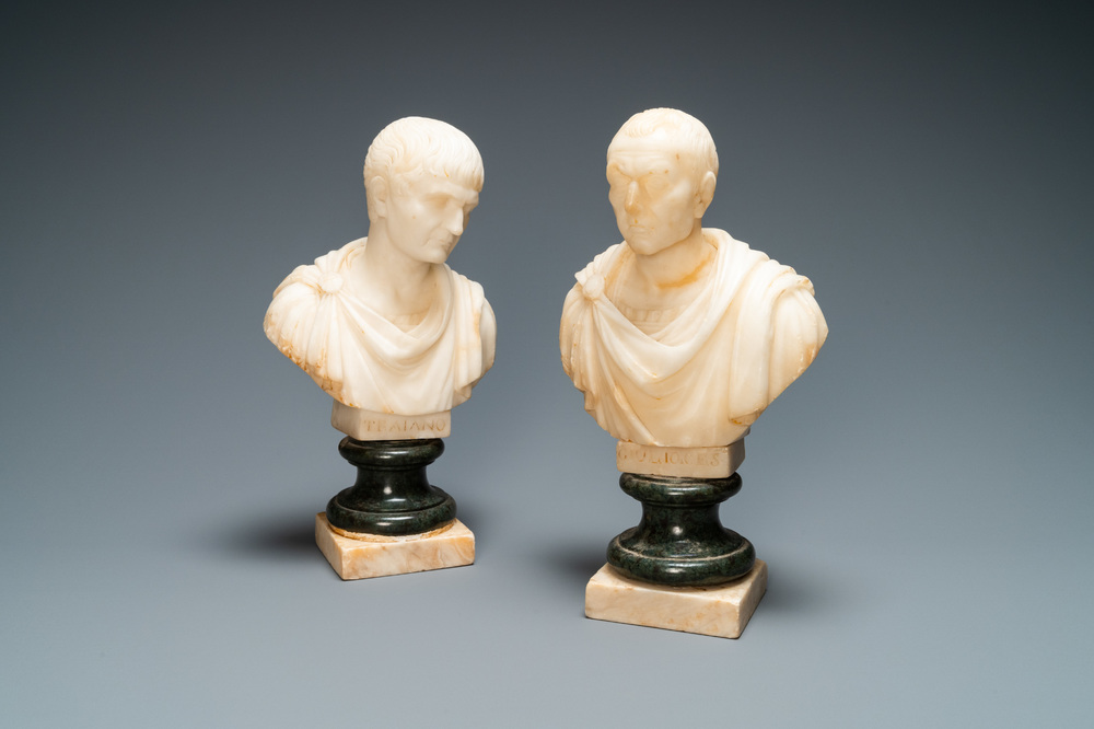 A pair of Italian alabaster busts of the emperors Trajan and Julius Caesar, 19th C.