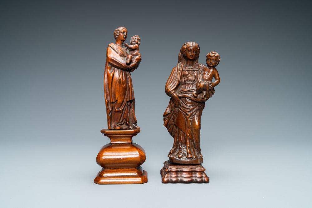 Twee houten figuren van Madonna met kind, 17/18e eeuw