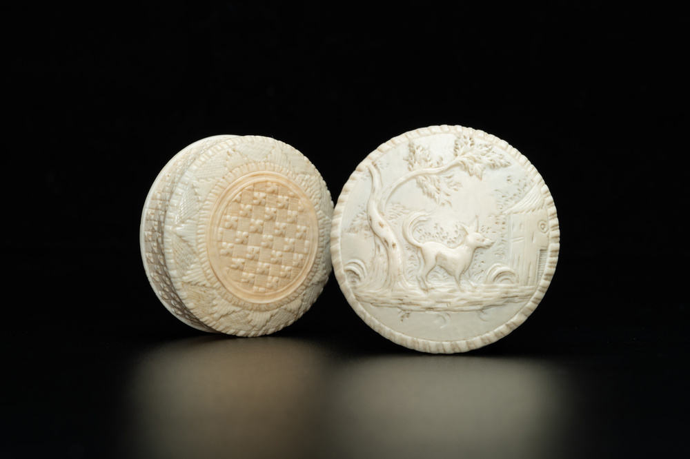 An ivory box and cover with a dog in front of a watermill, ca. 1800