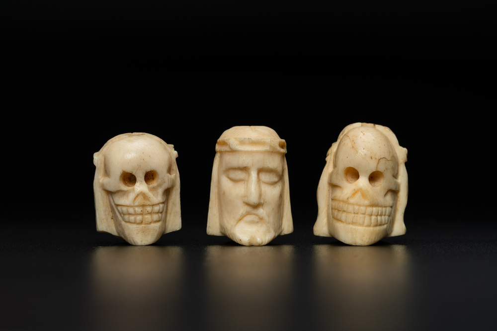 Three two-faced bone memento mori, 19th C.