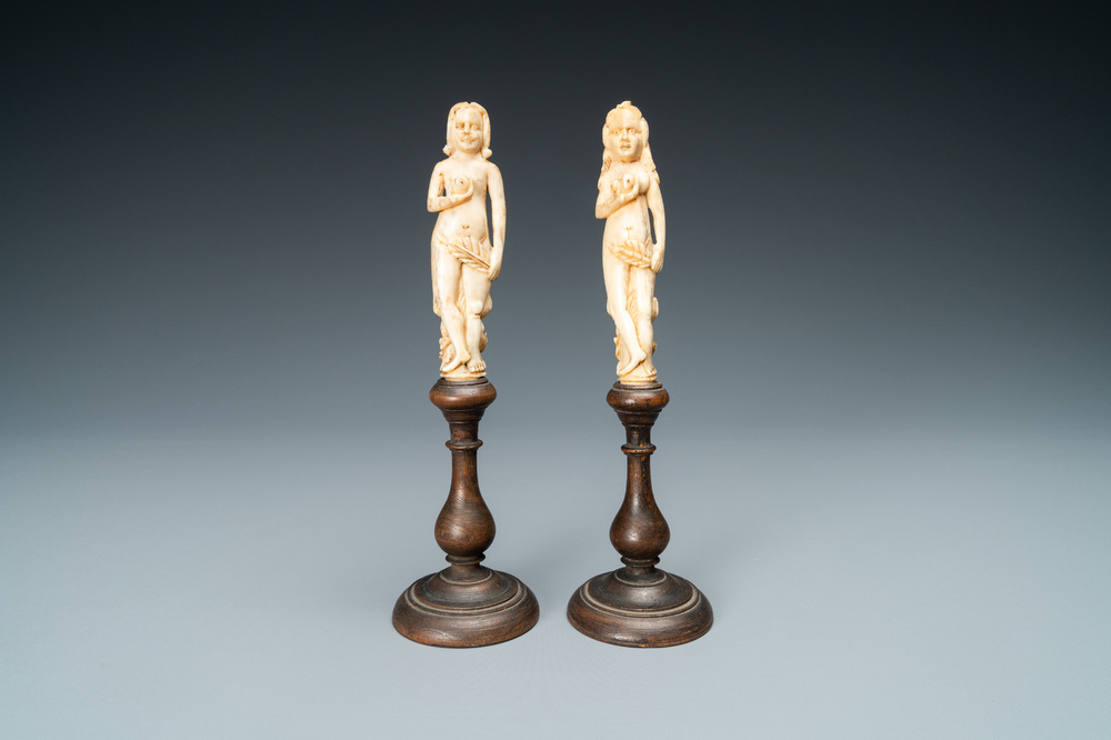 A pair of Dutch ivory 'Adam and Eve' handles, The Netherlands, 17th C.