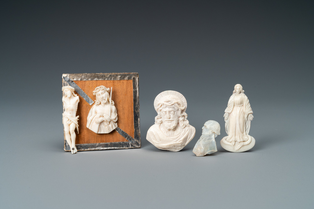 A mother-of-pearl profile bust, an ivory figure and two busts of Christ and an ivory Madonna, 18/19th C.