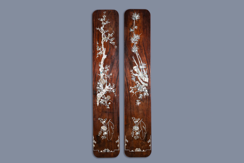 A pair of large Vietnamese mother-of-pearl-inlaid wooden plaques, 19th C.