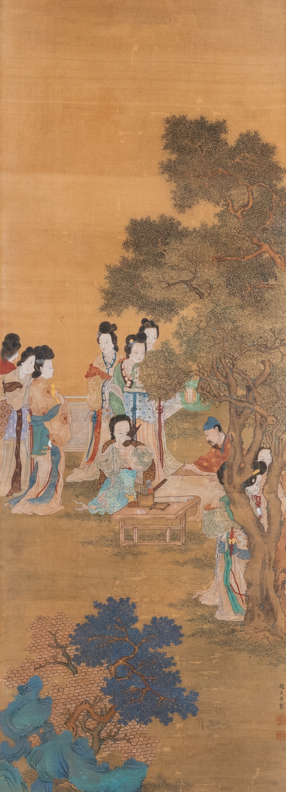 Chinese school, after Zhao Danian, ink and color on silk: 'Painter at work', 17/18th C.