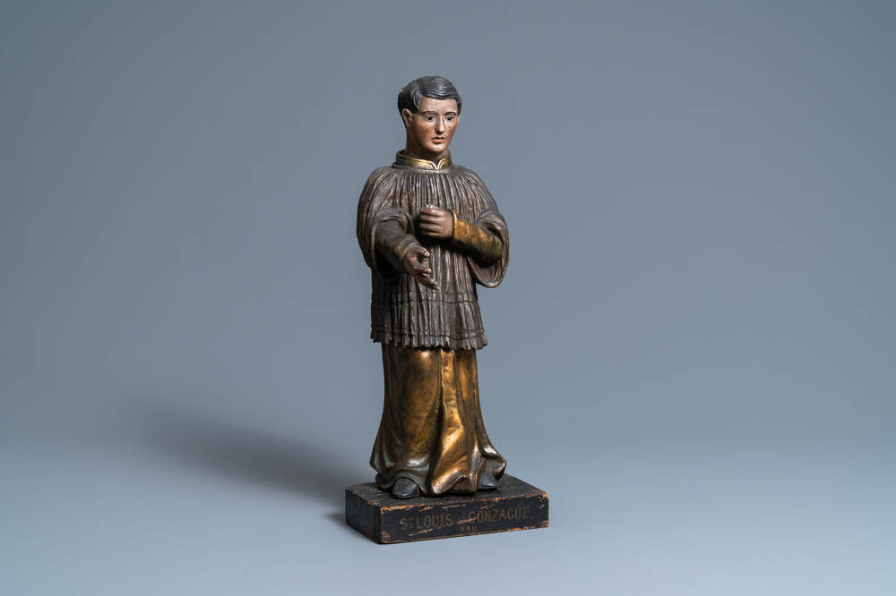 Une statue de Saint Louis de Gonzague en bois sculpt&eacute;, polychrom&eacute; et dor&eacute; aux yeux en verre, Italie, 18&egrave;me