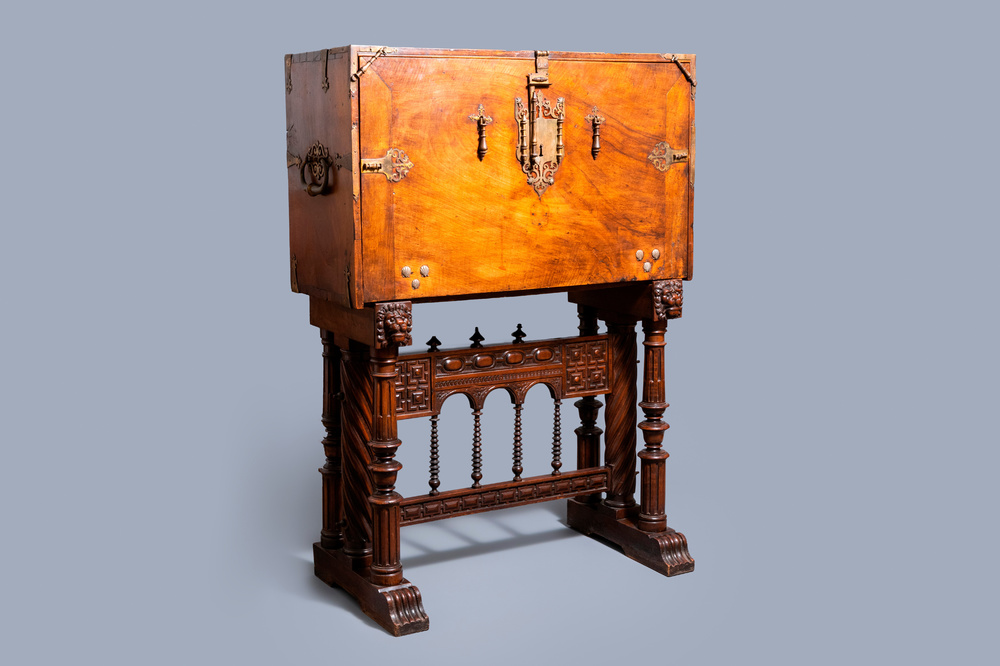 A Spanish bronze-mounted oak 'bargue&ntilde;o' or cabinet on stand, 16th C.