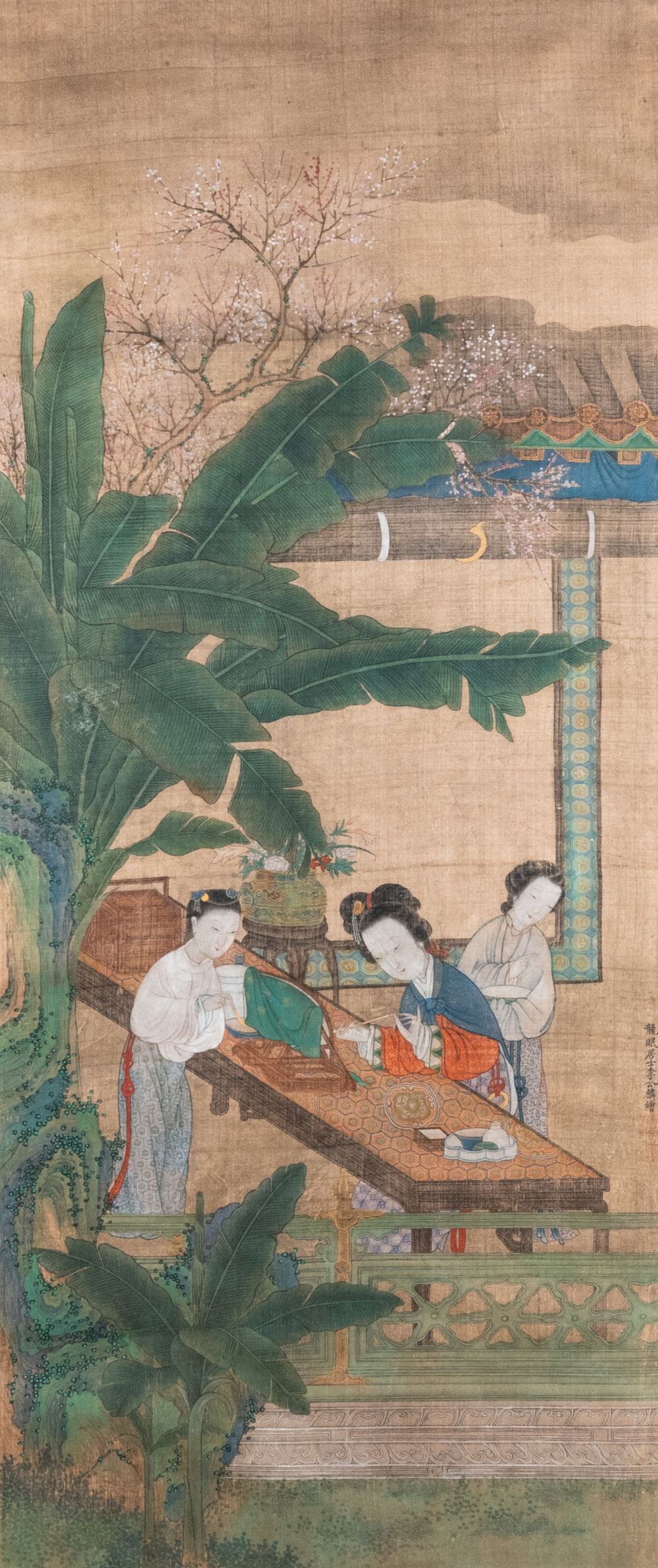 Chinese school, after Li Gonglin, ink and color on silk: 'Lady at her dressing table on a terrace', 17/18th C.