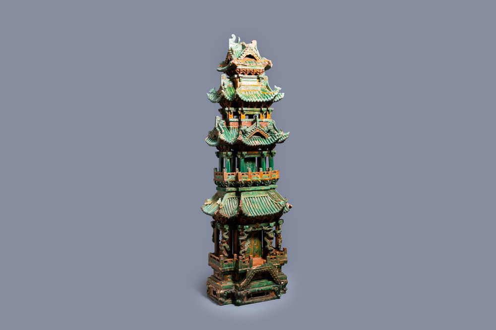 An exceptional large inscribed Chinese sancai-glazed pagoda, dated 1550, Ming