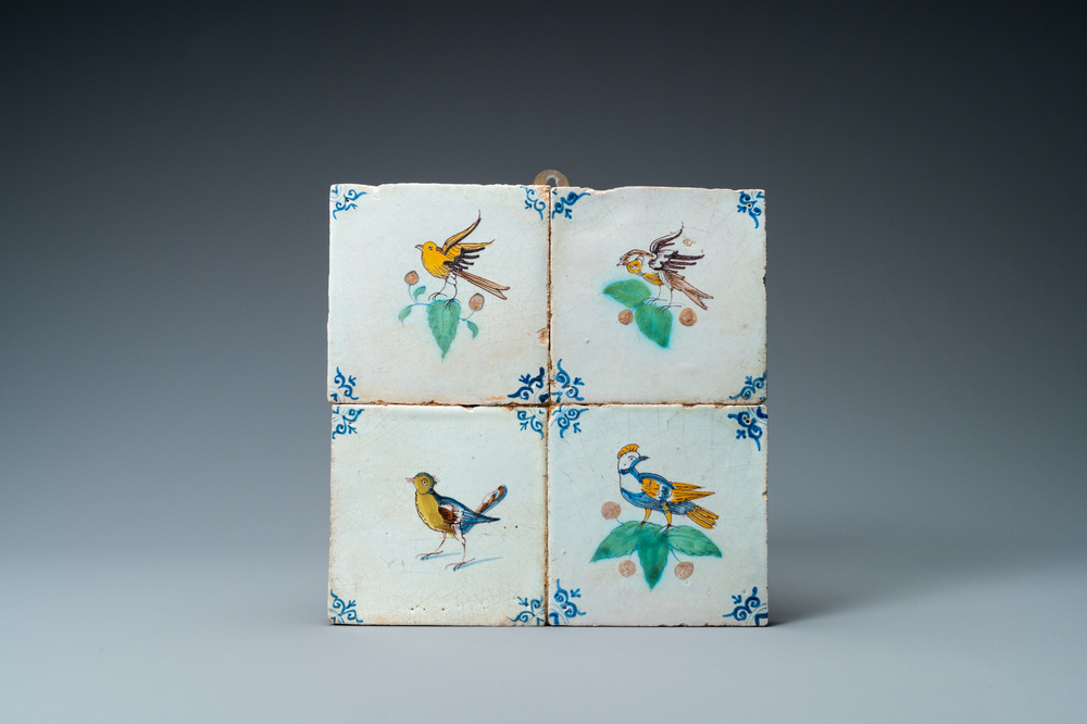 Four polychrome Dutch Delft 'bird' tiles, 17th C.