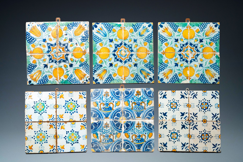 Six fields of four polychrome Dutch Delft ornamental tiles, 17th C.