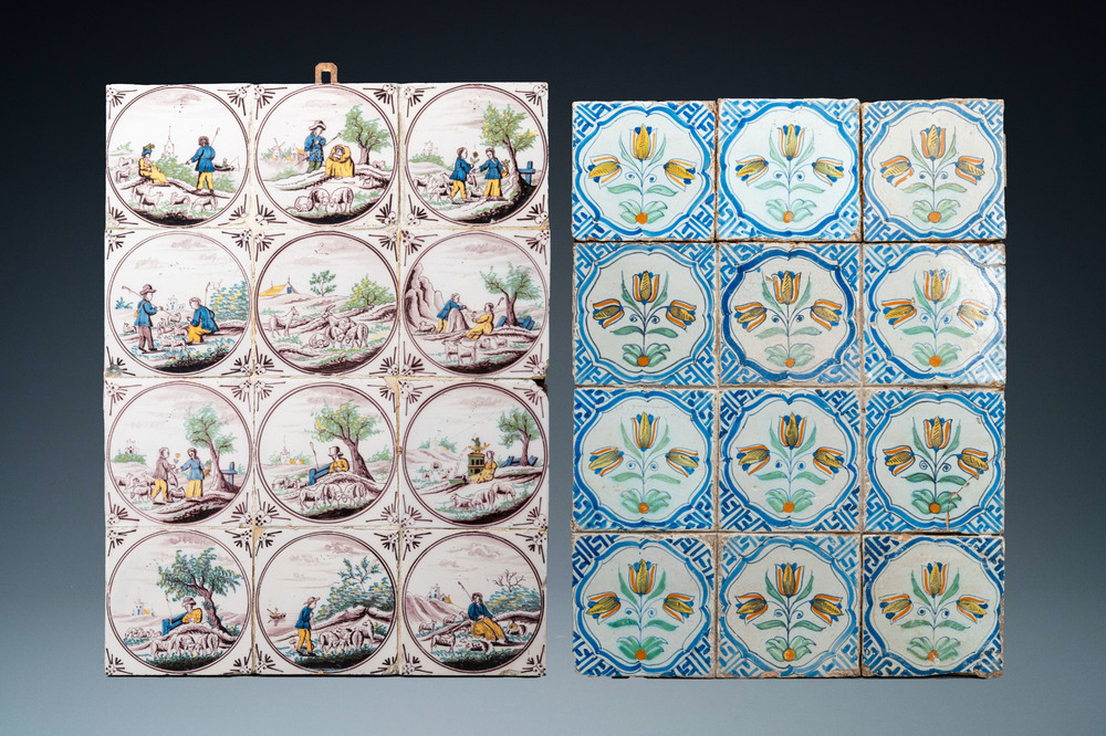 Two fields of twelve polychrome Dutch Delft tiles, 17th and 19th C.