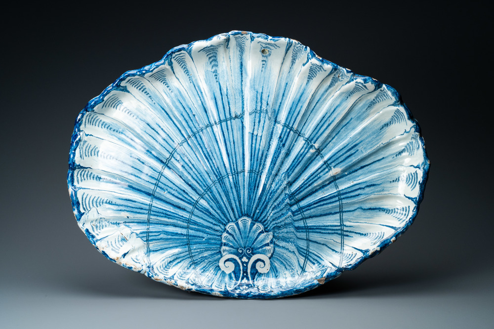 An exceptionally large blue and white shell-shaped dish, Rouen, France, 17th C.