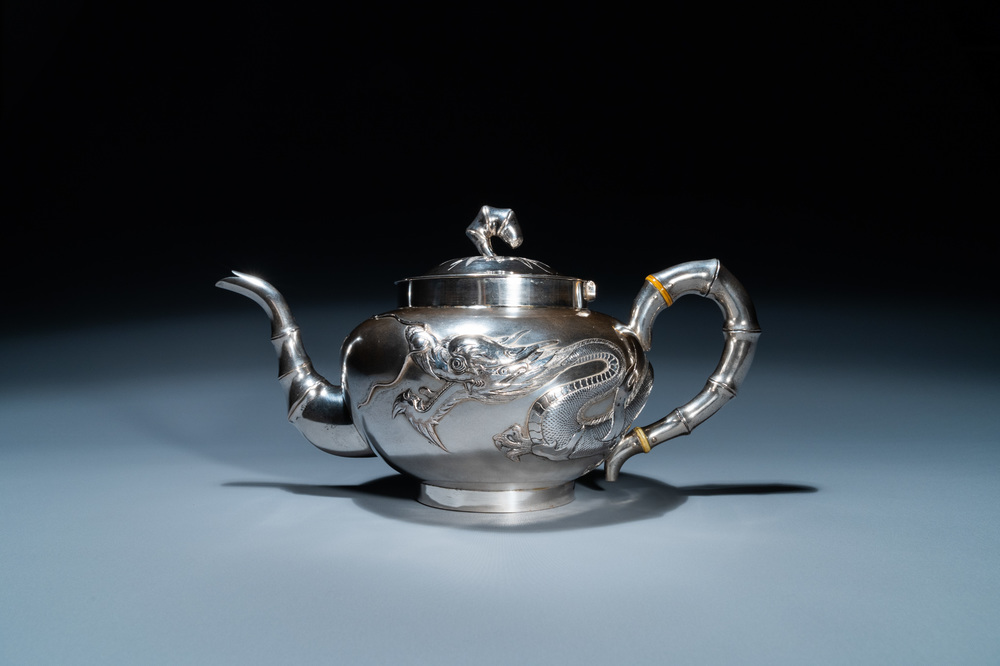 A Chinese silver 'dragon' teapot, Sing Fat, Canton or Hongkong, Republic