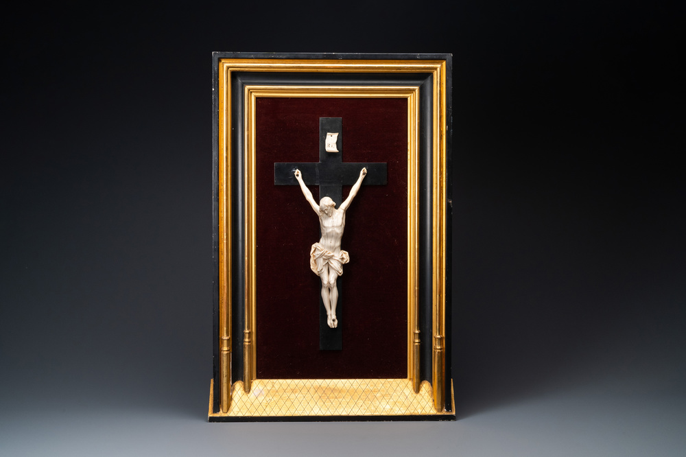 An ivory Corpus Christi set in a Gothic revival architectural frame, Bologna school, Italy, 16/17th C.