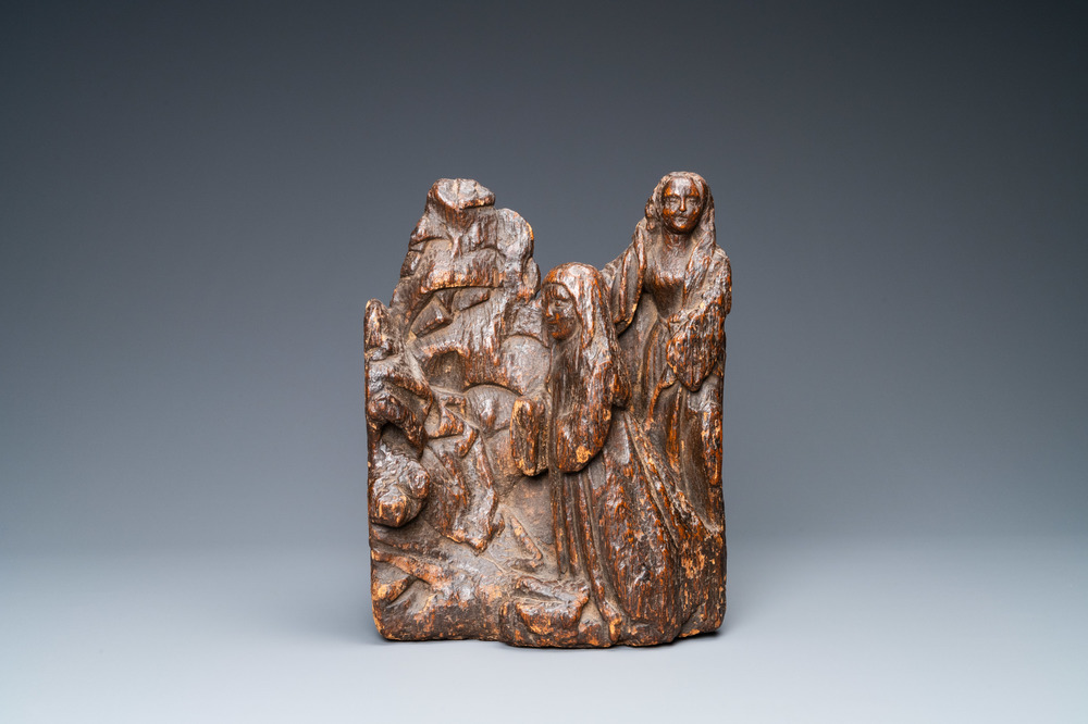 Un groupe en ch&ecirc;ne sculpt&eacute; repr&eacute;sentant deux femmes sur fond de paysage rocheux, vers 1500