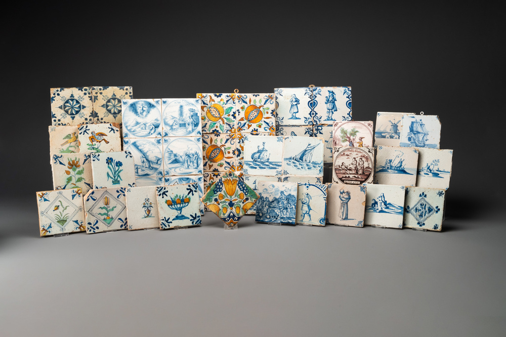 Forty-four blue and white and polychrome Dutch Delft tiles, 17/18th C.