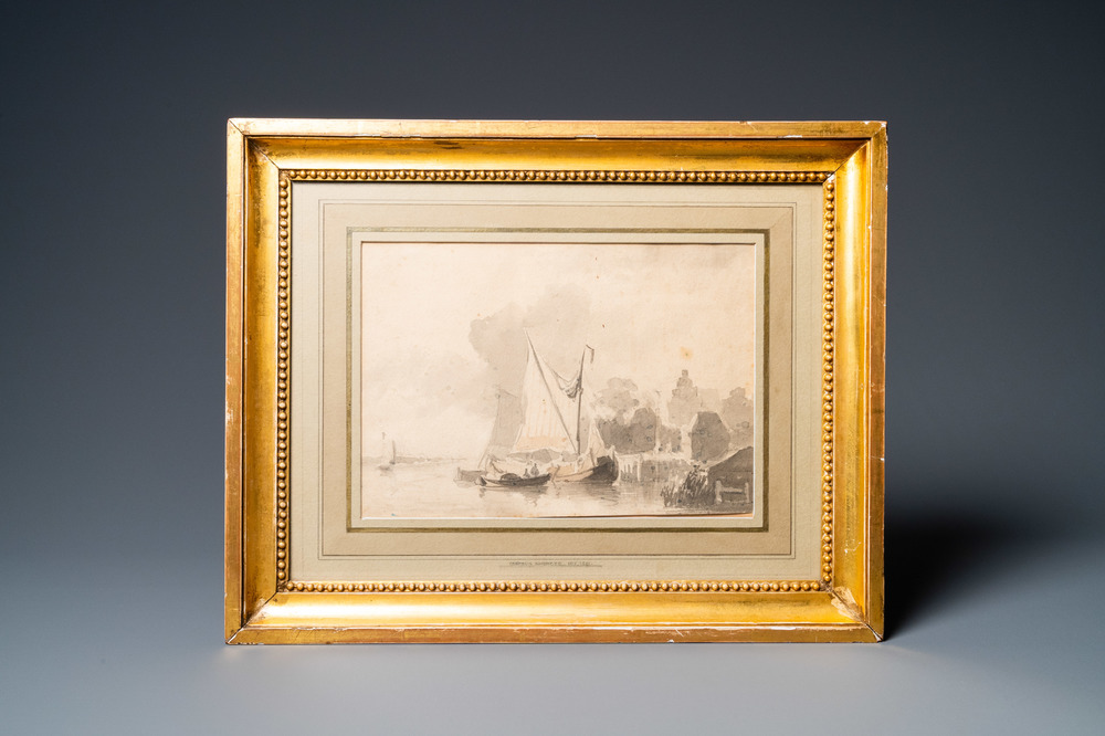 Attr. &agrave; Cornelis Springer (1817 - 1891), crayon et aquarelle en brun sur papier: Des barques &agrave; fond plat aupr&egrave;s de la rive